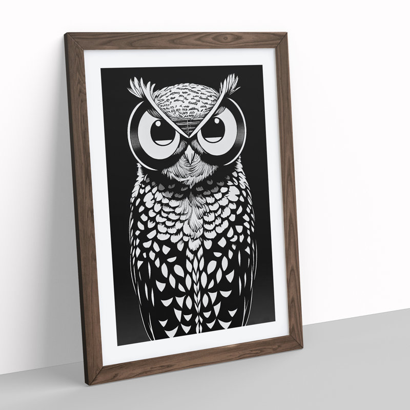Owl Art Monochrome No.2 - Single Picture Frame Print, 46cm H x 34cm W x 2cm D, Walnut
