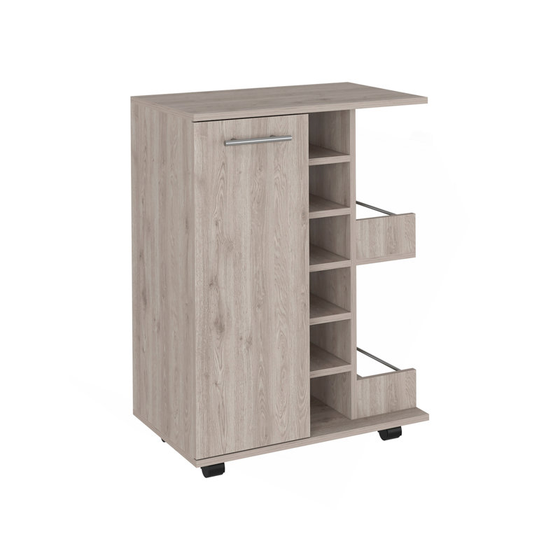 Chariot-bar, quatre roulettes, armoire à une porte, deux tablettes extérieures, Beige