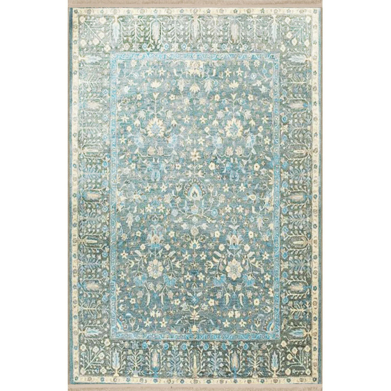 Tapis bleu délavé à motif floral traditionnel, Sous-tapis carré 3 pi 3 po inclus
