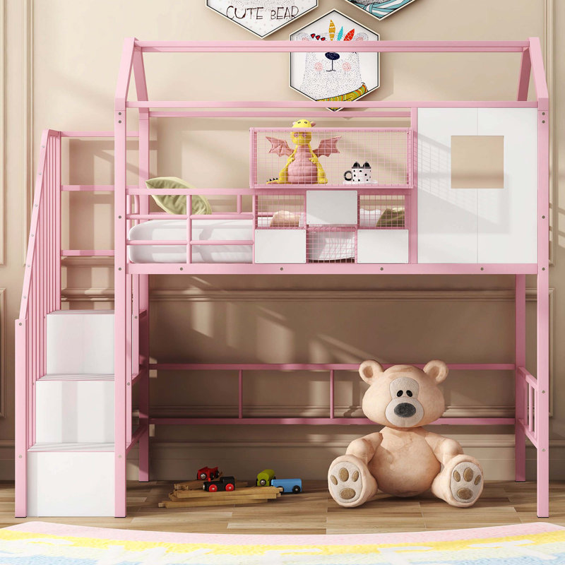 Lit mezzanine simple en métal avec toit en forme de maison et boîte de rangement externe pratique, rose, Rose