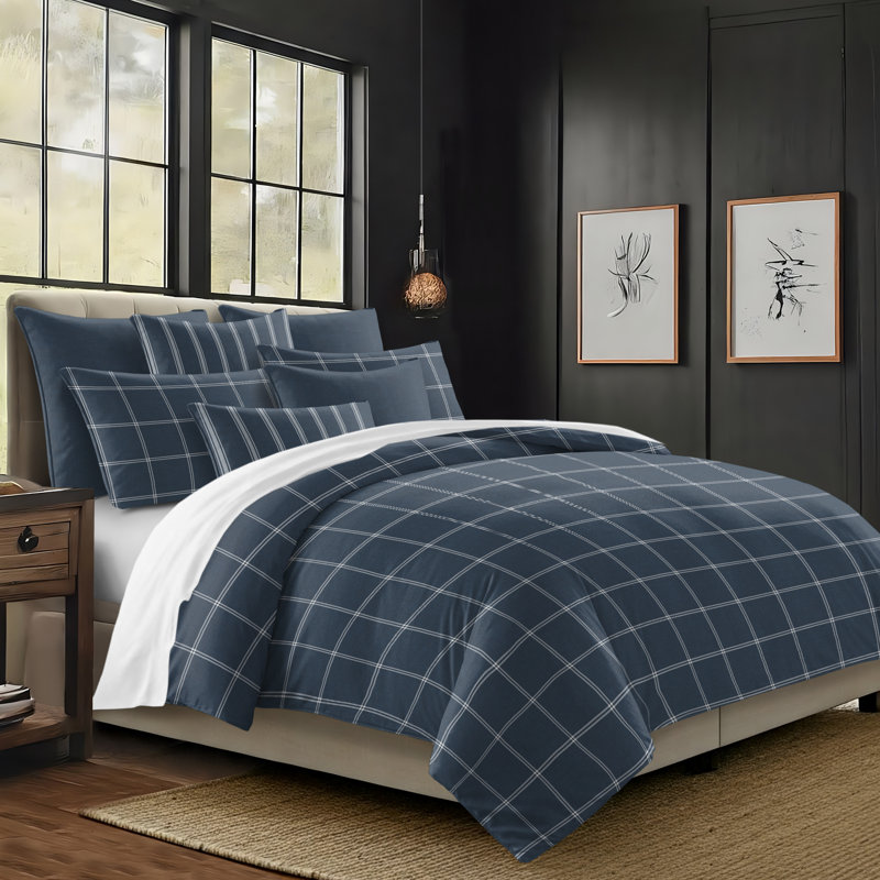 Shay Window Pane Dark Denim Cotton Coverlet Set  8 Piece, Super Queen Coverlet + 7 Additional Pieces