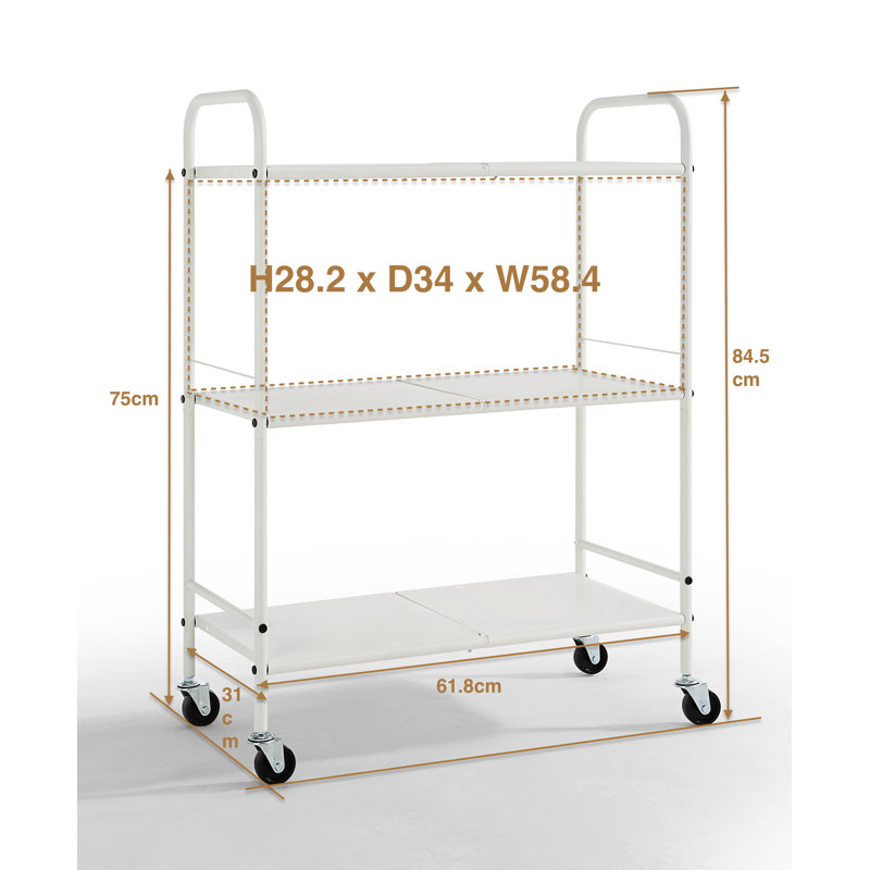 33.27'' H Utility Cart with Wheels, White, 33.27" H x 24.29" W x 11.81" D
