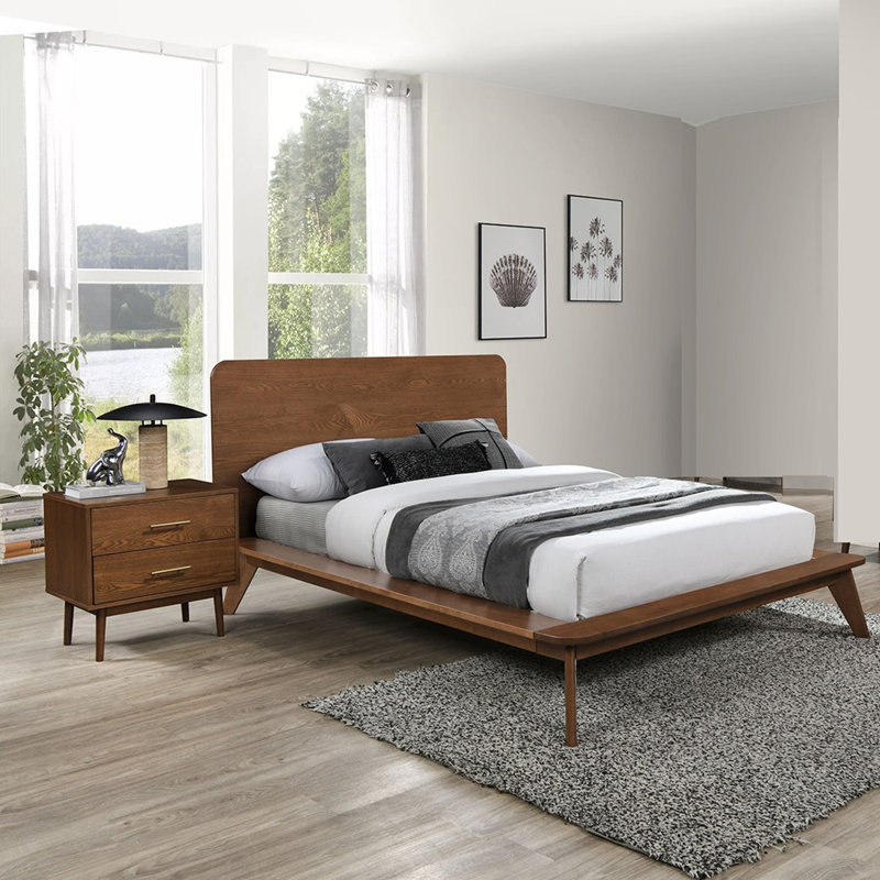 Ensemble de lit plateforme Mid-Century moderne en noyer avec tables de chevet, fabrication en bois massif pour une élégance et un confort intemporels