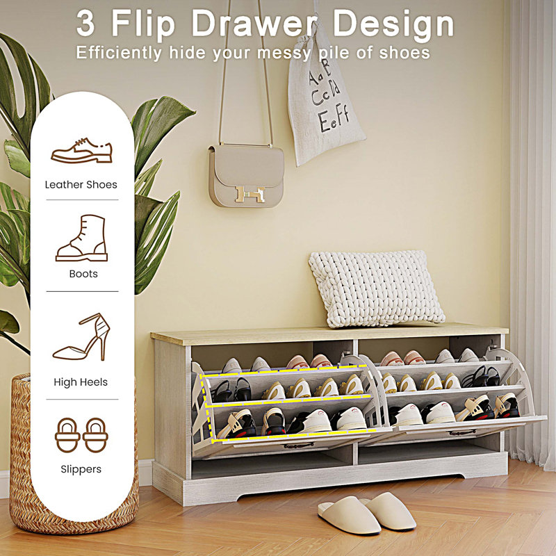 Shoe Storage Bench with 2 Flip Drawers and Adjustable Shelf for Entryway