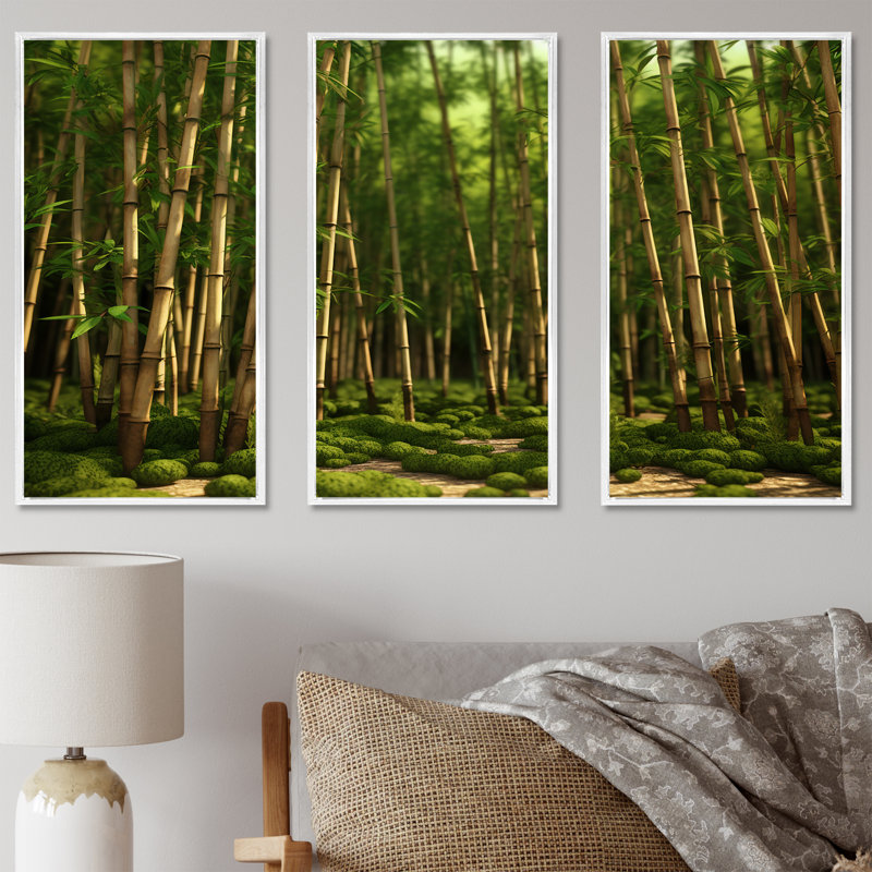 «Dynamic Light Bamboo Grove», ensemble d'art sur toile en bambou, Cadre flottant blanc, H 32 po x l 48 po x P 1 po