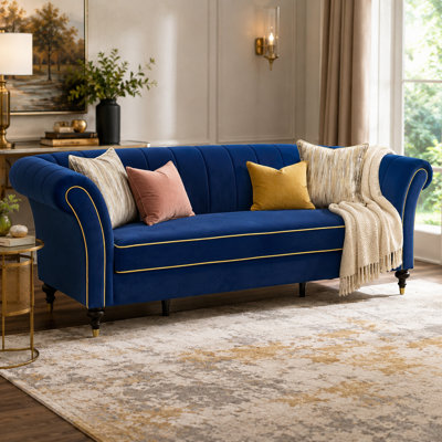 Gatton 89.5" Velvet Sofa 3-Seater Couch with Rolled Arms & Channel Tufted Back, Solid Wood Frame, 750LB Capacity, Rubber Wood Legs with Gold Caps and 2 Decorative Pillows
