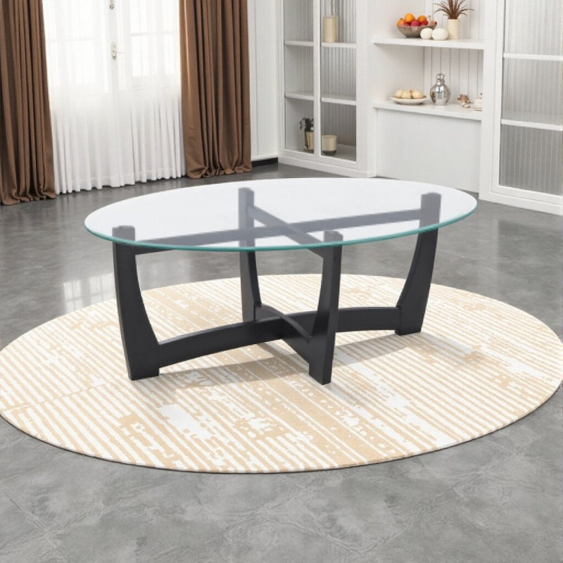 48" Oval Glass Coffee Table with Wooden Frame for Living Room Apartment, Black