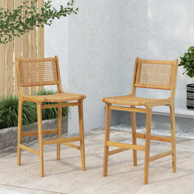 Avi Patio 29.75” Seat Height PE Wicker Bar Stools With Acacia Wood Frame