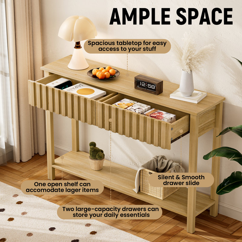 47” Console Table With 2 Drawers, Narrow Sofa Table With Open Storage Shelf For Entrance, Hallway, Living Room, Natural