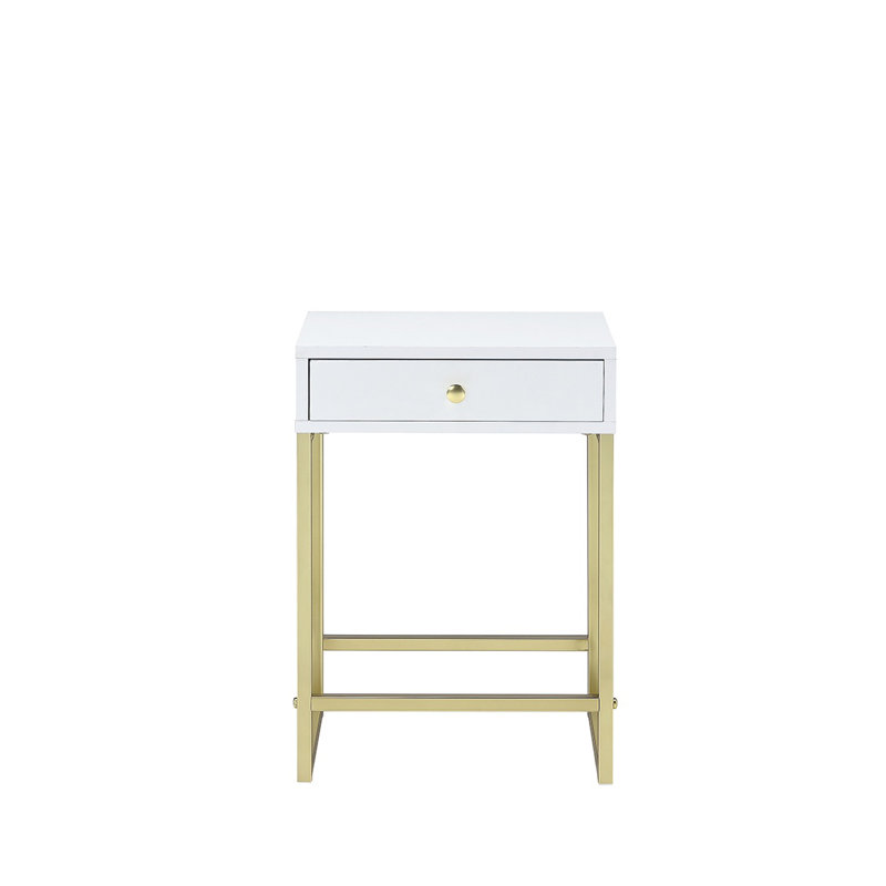 Coleen Modern White Accent Table with Brass Finish Metal Base - Functional Storage Side Table for Small Spaces