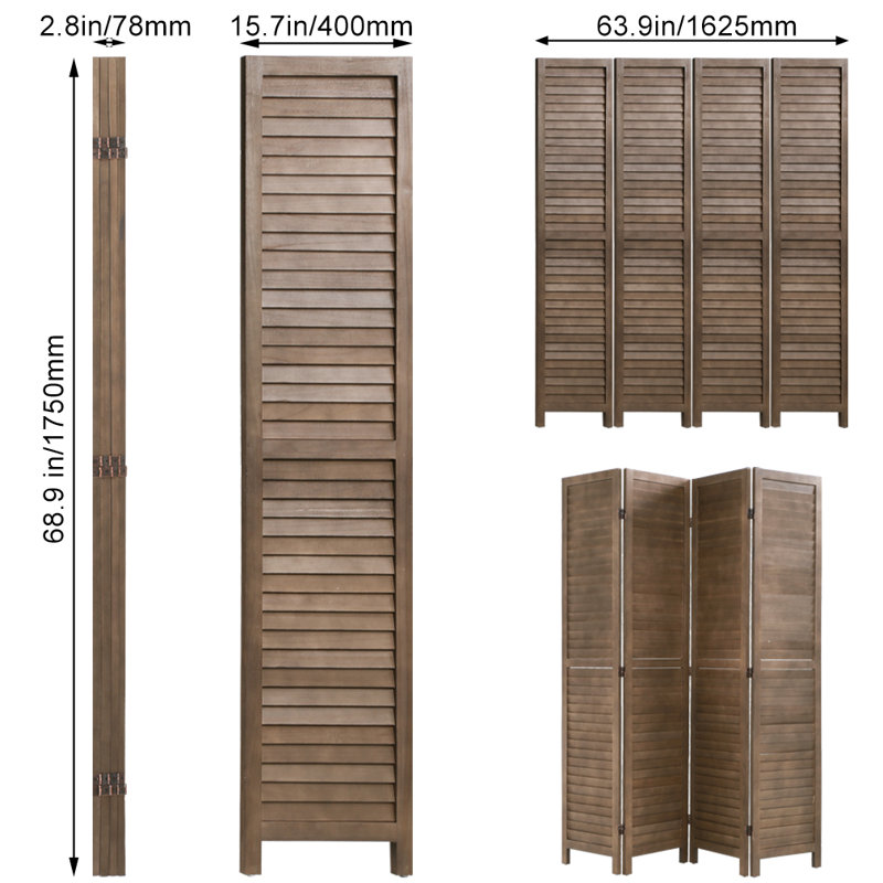 Paravent 4 panneaux en bois pour cloison d'intimité, Brun, 4