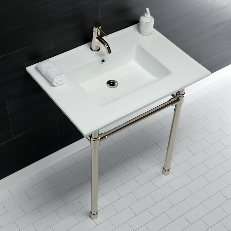Lavabo de salle de bain console en céramique avec trop-plein, Nickel poli, Simple