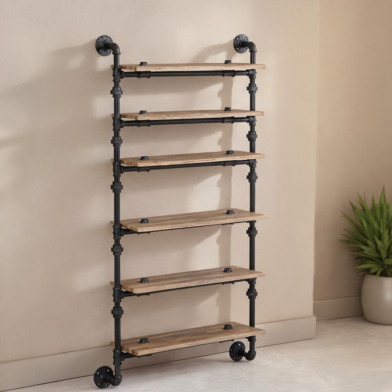MDF and metal five-tier wall storage display shelving with industrial water pipe style frame construction