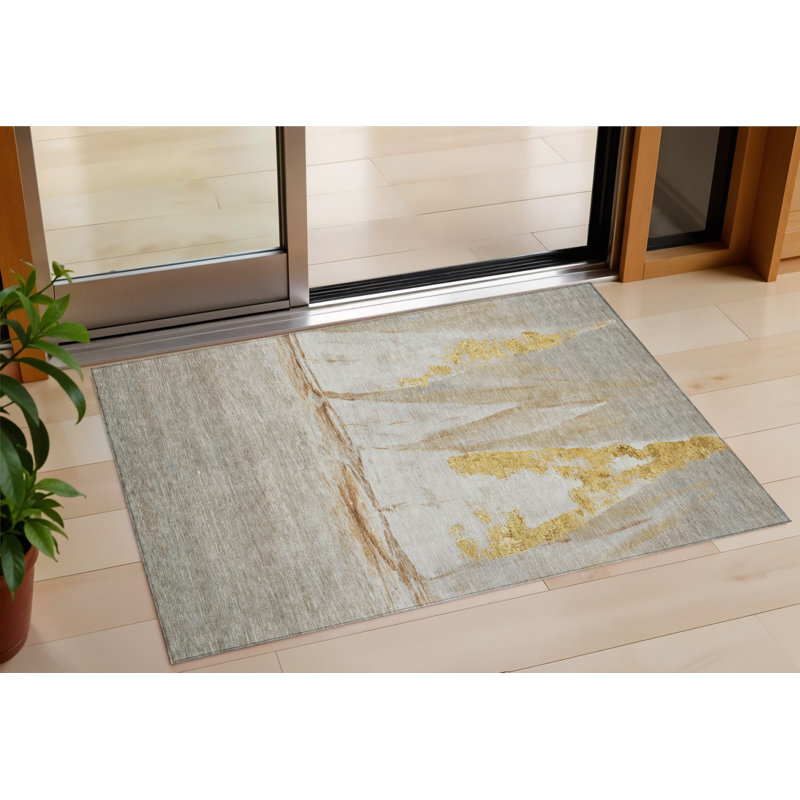3' X 5' Taupe And Gold Nautical Washable Indoor Outdoor Area Rug