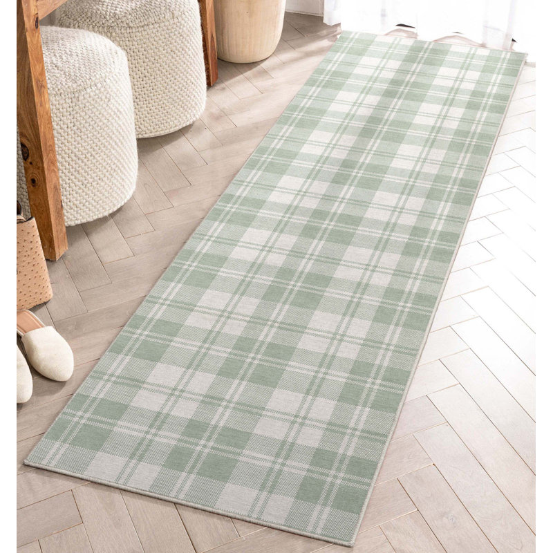 Tapis vert tissé à plat Kehr, Tapis de couloir 2 pi 3 po x 7 pi 3 po