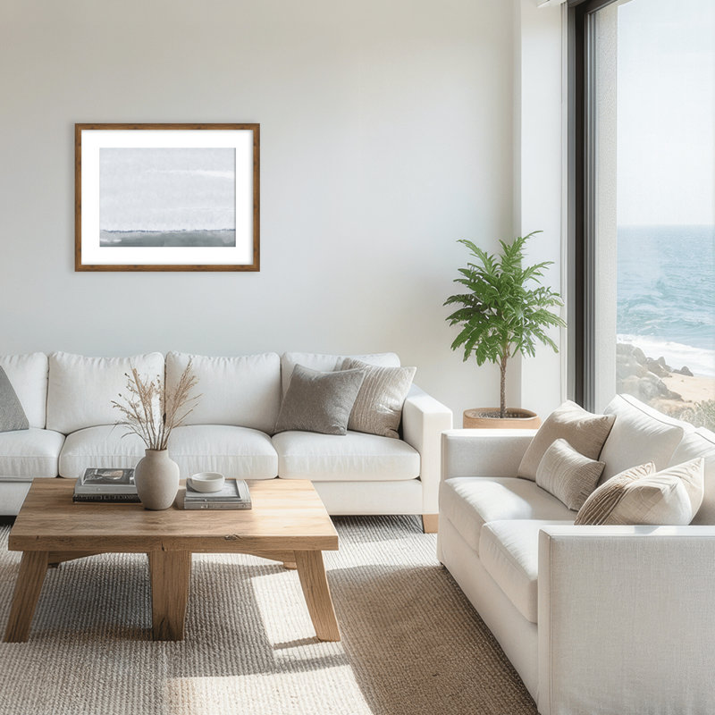 Coastal Retreat Silver Seas: Abstract Oceanscape, 24" H x 30" W x 1.125" D, Framed Matted Print, Brown