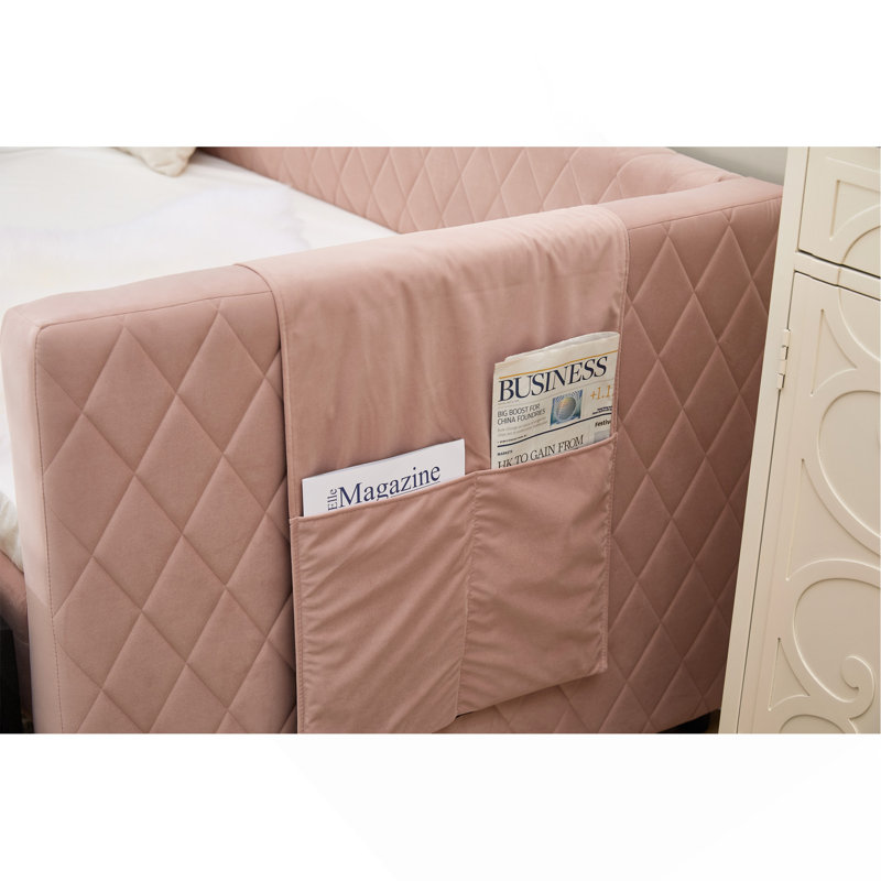 Pink velvet daybed, sturdy wooden bed frame, modern diamond grid pull-out design, for bedroom, living room furniture, Pink