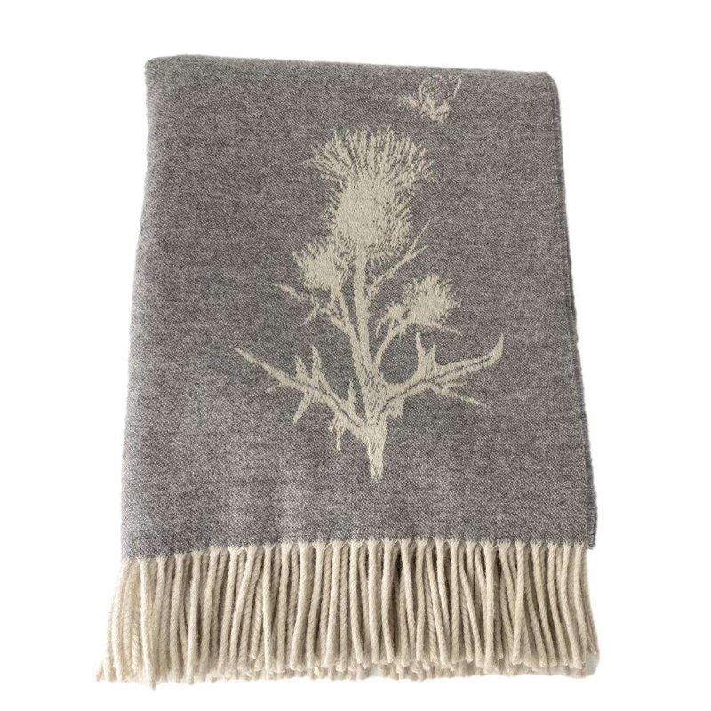 Jeté tissé en laine d'agneau Merino, Gris / beige floral