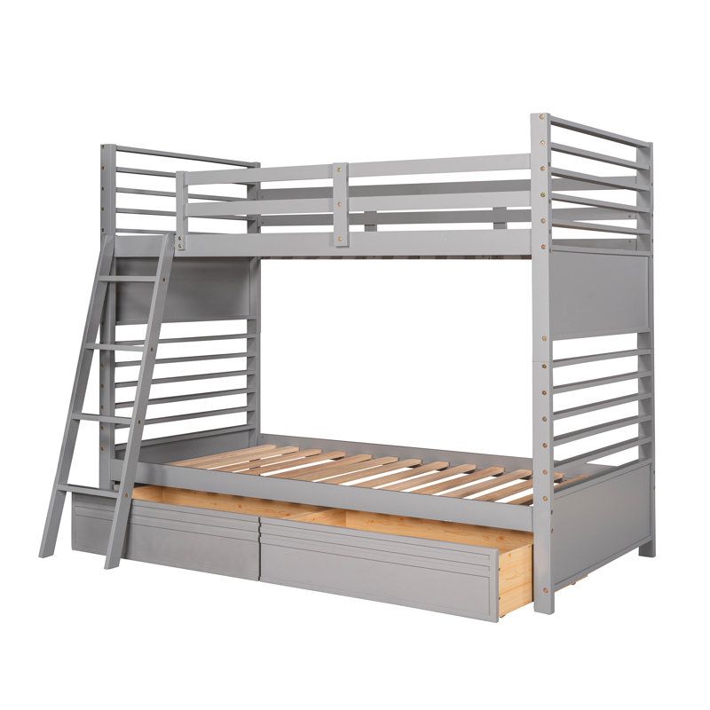 Lit simple superposé au-dessus de gris avec deux tiroirs - coffre-fort pour les familles Lit en bois massif, organisation supplémentaire