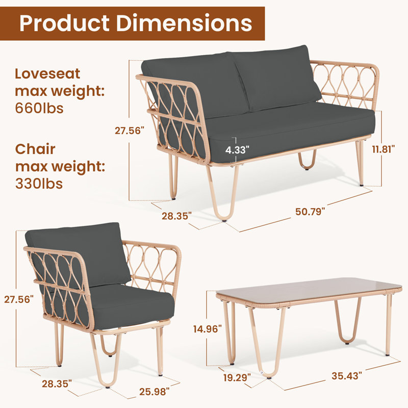 Ensemble de conversation d'extérieur pour 4 personnes avec coussins Shandy, Gris