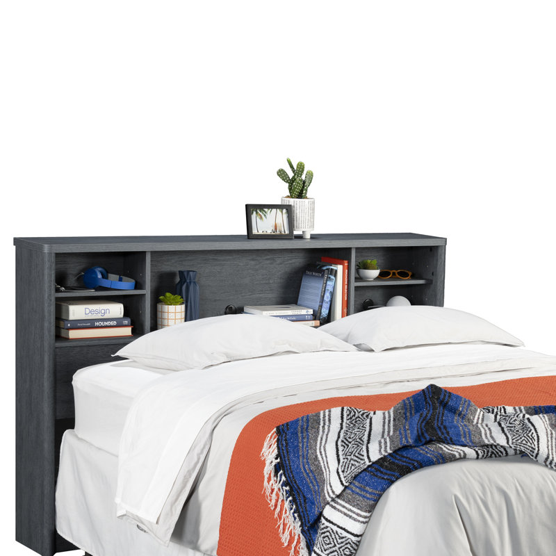Grande tête de lit bibliothèque, fini denim + brun, tête de lit avec rangement, compartiments, convient aux tailles de lit double et grand, tablettes réglables grises, petite conception, installation facile, tête de lit double / grand à tablette supérieure