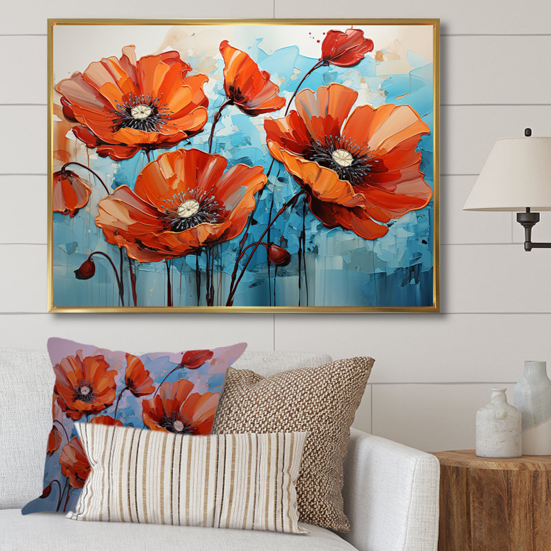 Tranquil Blue and Red Poppies - Art mural coquelicots, H 34 po x l 44 po x P 1,5 po, Cadre flottant doré