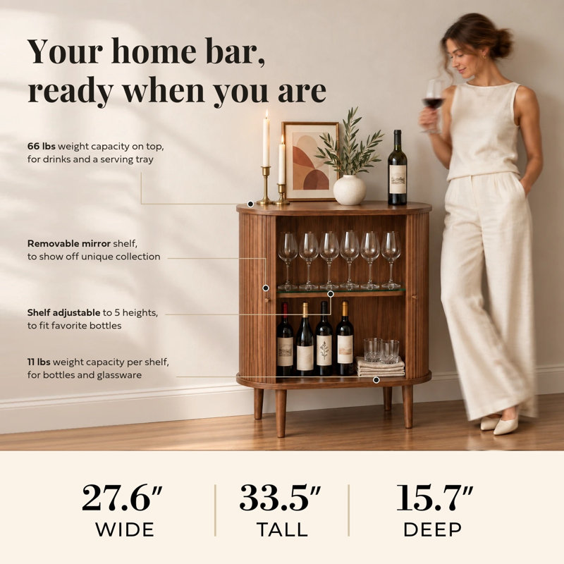 28'' Bar Cabinet with Storage - Coffee and Wine Bar Sideboard Buffet Cabinet with Sliding Doors and Adjustable Shelves for Kitchen and Living Room (Walnut)