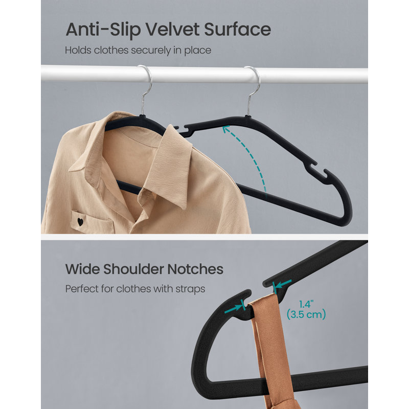 Velvet Hangers - Set Of 50 Coat Hangers, 21 Cm, Non-Slip With Wide Shoulder Notches, Trousers Bar, 360° Swivel Hook, Space-Saving For Wardrobe, Ink Black