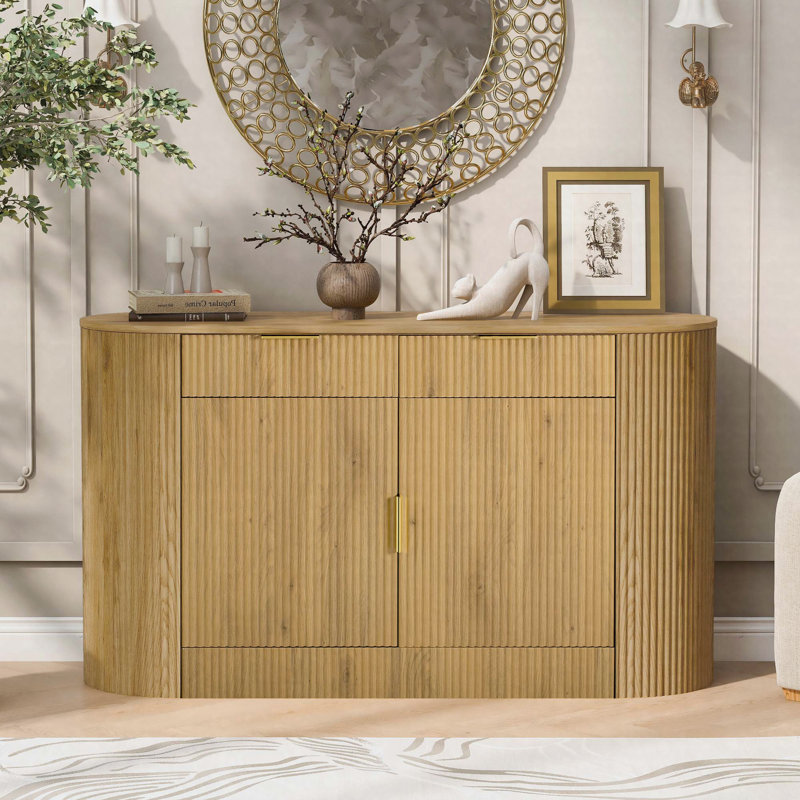 Armoire de rangement moderne 55,1 ", buffet 2 portes avec 2 tiroirs et tablettes réglables, Naturel