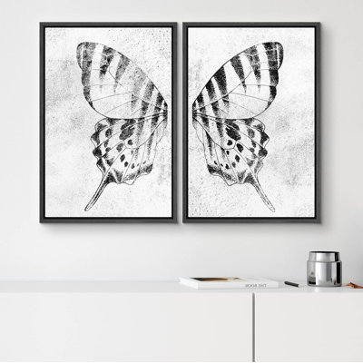 Animals " Black & White Monarch Butterfly Wing Insect Nature Wilderness Modern Art Rustic Relax Calm " 2 - Pieces