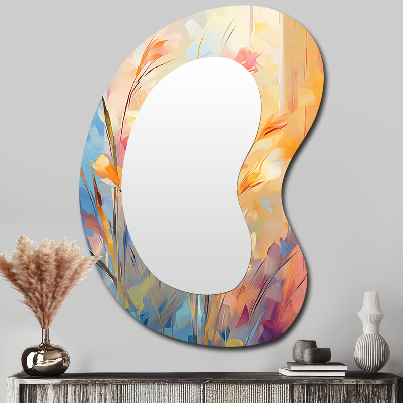 Yellow and pink Meadows breeze II - Meadow Unique Shape Wall Mirror, Traditional Asymmetrical Decorative Mirror, Printed Metal Art