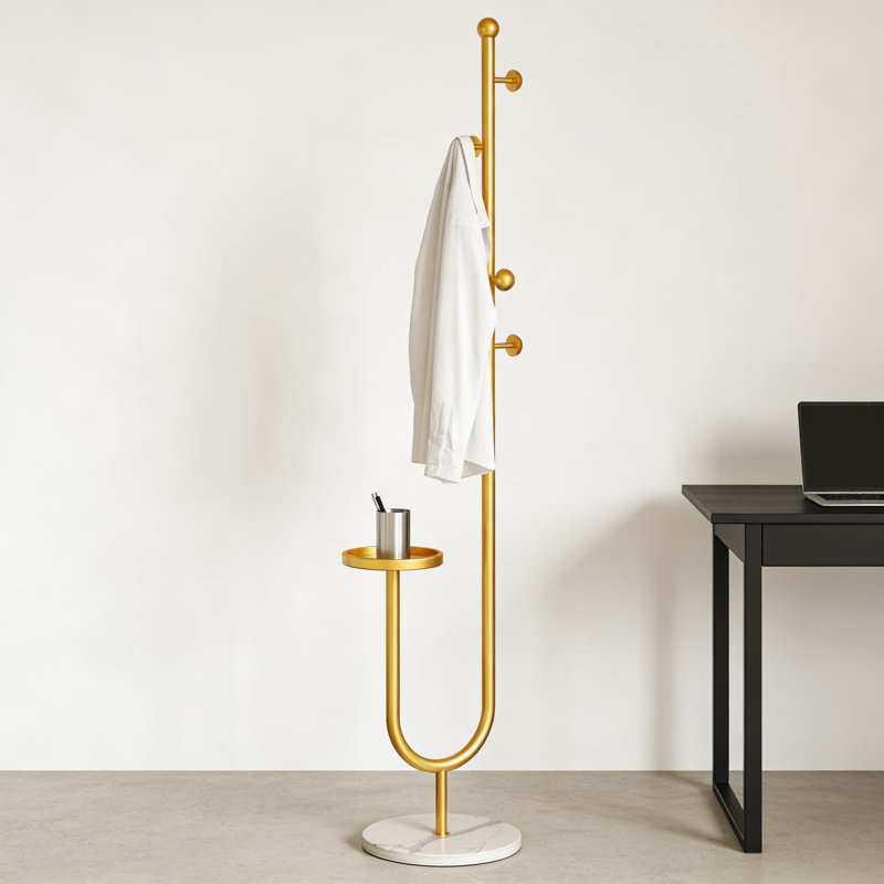 Freestanding Coat Rack With Marble Base And Storage Tray, 6-Hook Hall Tree For Entryway, Hallway, And Bedroom Organization