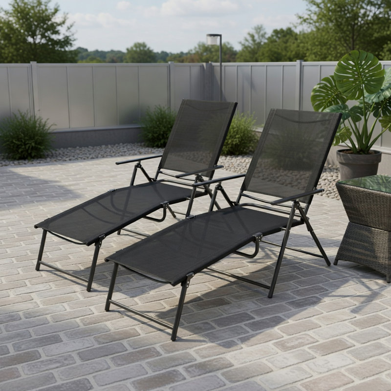Ensemble de 2 chaises longues pliables pour patio avec dossier inclinable à 6 positions - noir, café et gris - structure en métal robuste, tissu à séchage rapide - utilisation près de la piscine, de la cour et du balcon