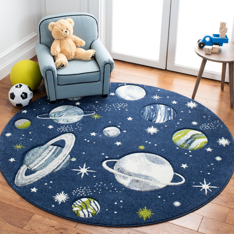 Hilger Navy/Ivory/Green Area Rug, Round 5'3"
