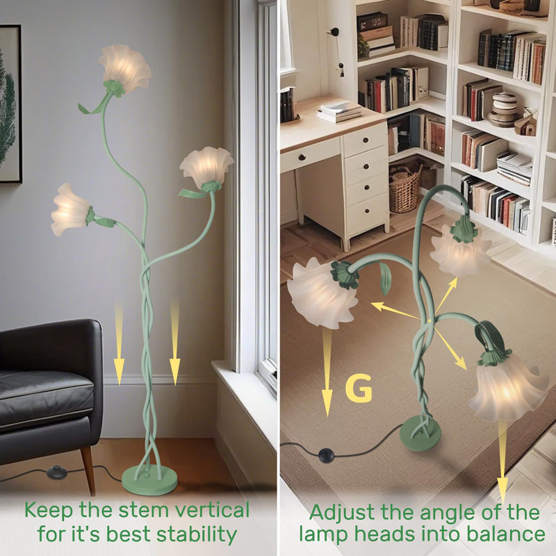 Lampe sur pied rétro à 3 têtes de fleurs, Vert