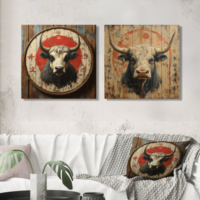 China Brown and Orange Bull Ox I - Bull Animal Wall Decor - Modern Wall Art 2 Piece