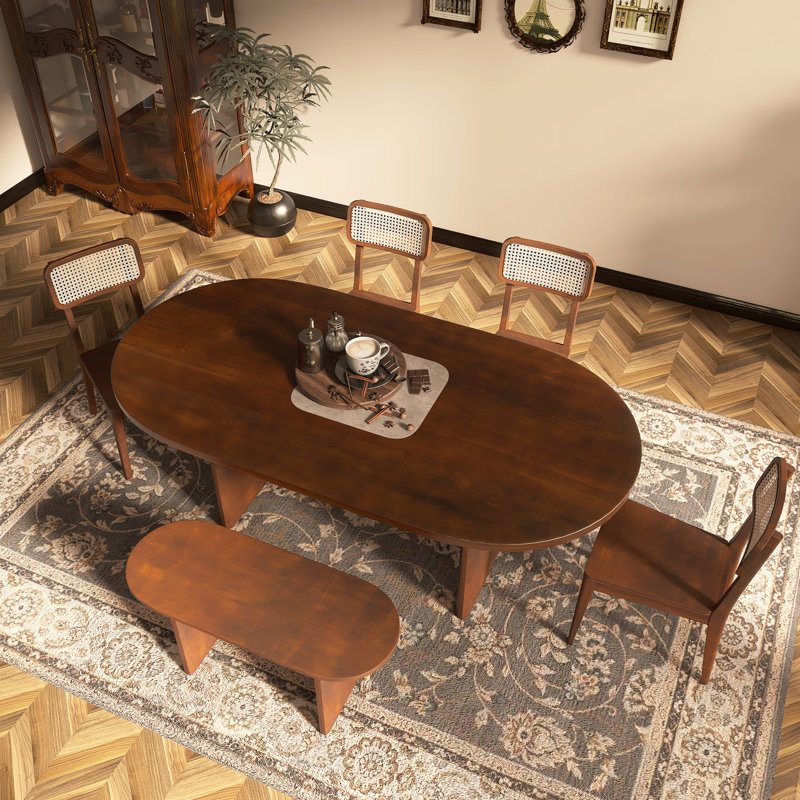 6-Piece Solid Wood Dining Table Set With Rattan-Back Chairs, Brown