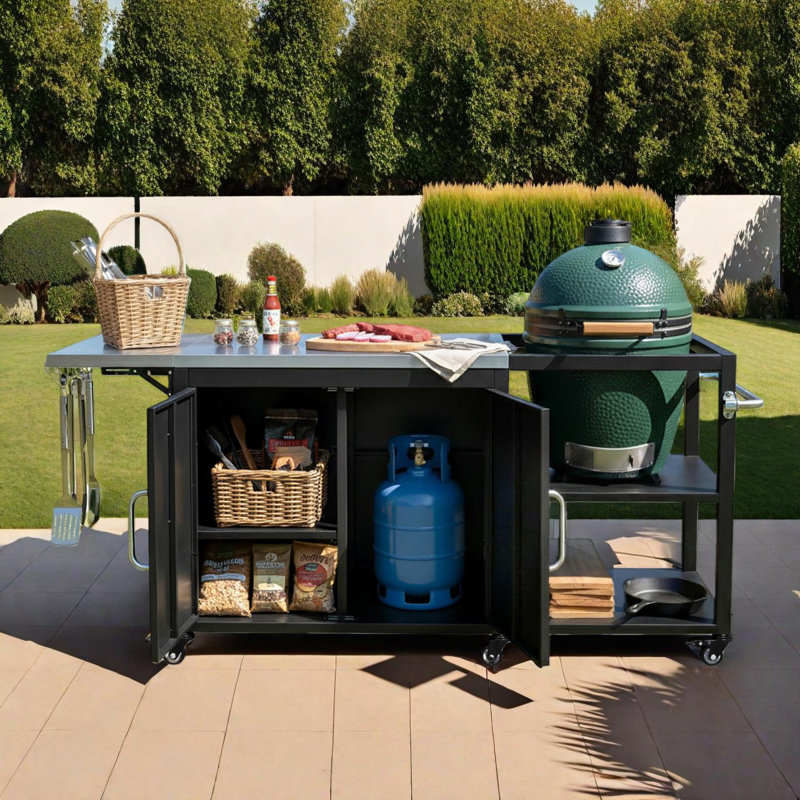 Grand chariot de barbecue extérieur avec rangement, îlot de cuisine pour gros œuf vert, table de barbecue avec tablette et crochets