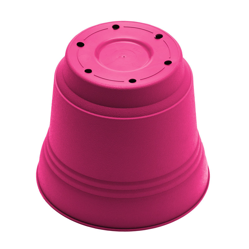 Saturn Traditional Plastic Indoor/Outdoor Round Planter with Saucer, 12.75" H x 14.5" W x 14.5" D, Fuchsia