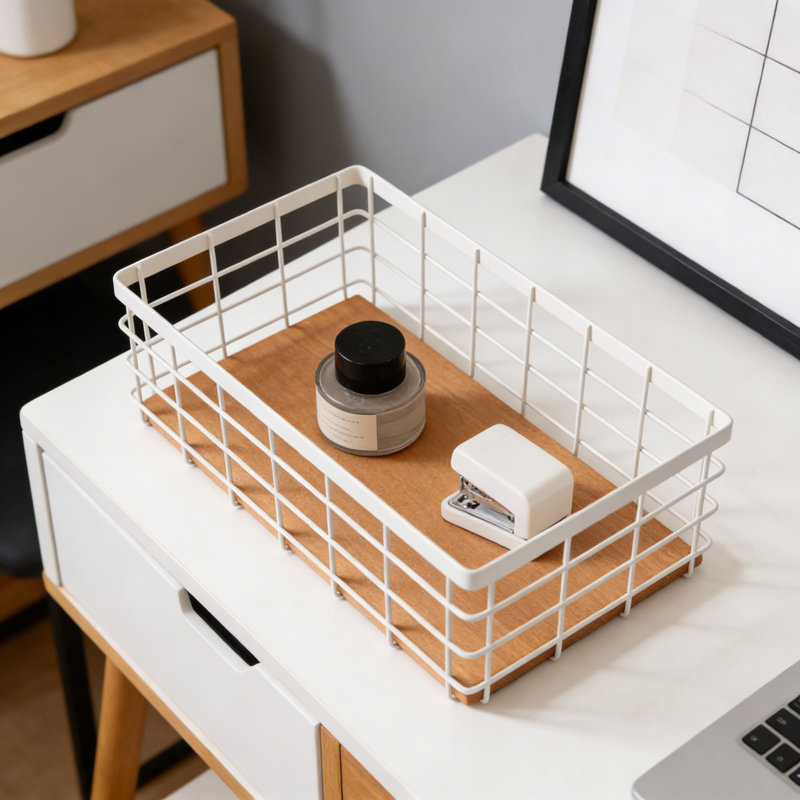 Metal Wire Storage Basket With Detachable Wood Base, Versatile Organizer Bin For Kitchen, Bathroom, Pantry, Garage, And Laundry Room
