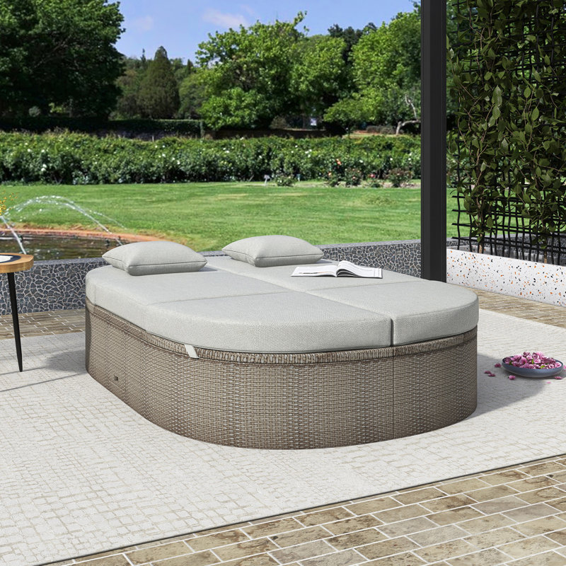 Outdoor Sun Bed Patio 2-Person Daybed, Gray Cushion/Brown Frame