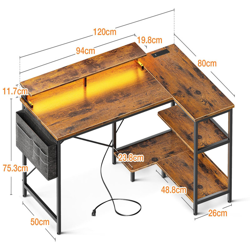 L-Shaped Computer Desk with Built-In Electrical Outlet, Brown