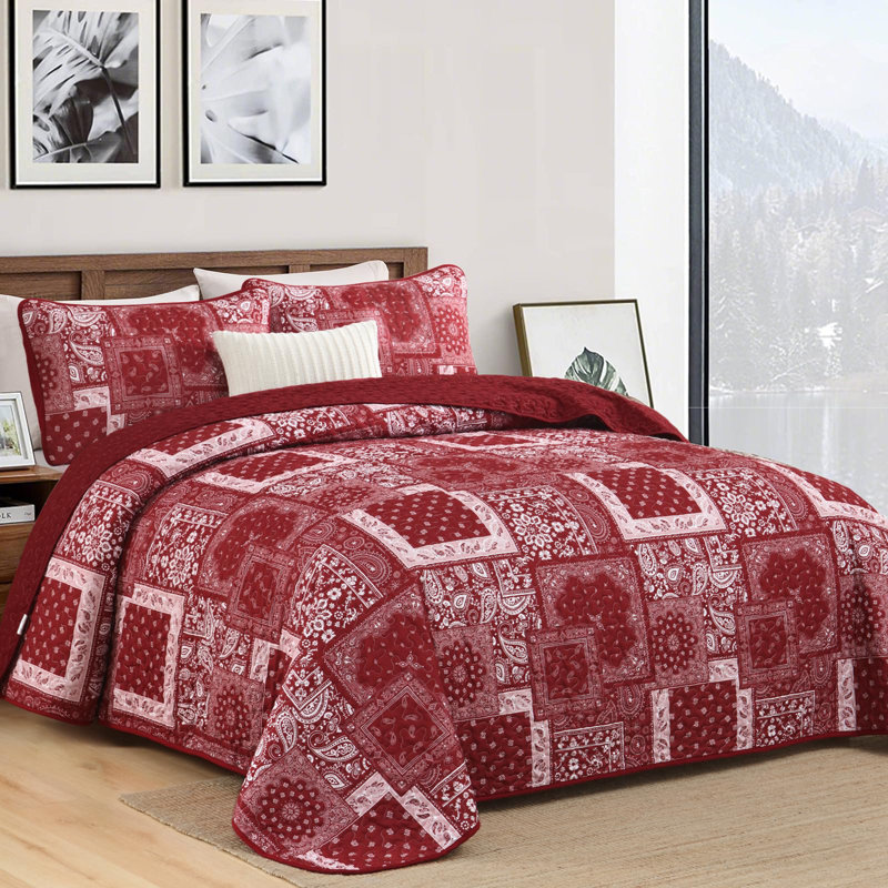 Ensemble de courtepointe 3 pièces à motif floral et motif cachemire Boho, Courtepointe pour très grand lit et 2 taies d'ore