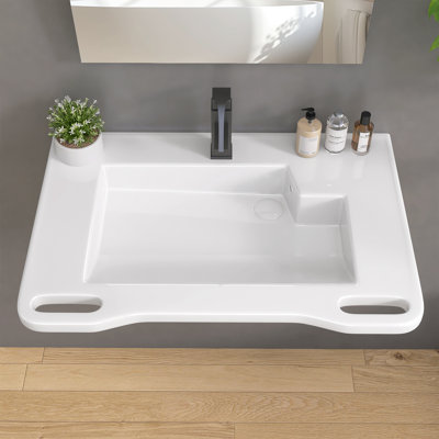 31" W × 20" D ADA Wall-Mount Ceramic Sink with L-Shaped Basin, Right Drain, Dual Safety Support Arms, Reinforced L-Bracket, Gloss White, Accessible Bathroom
