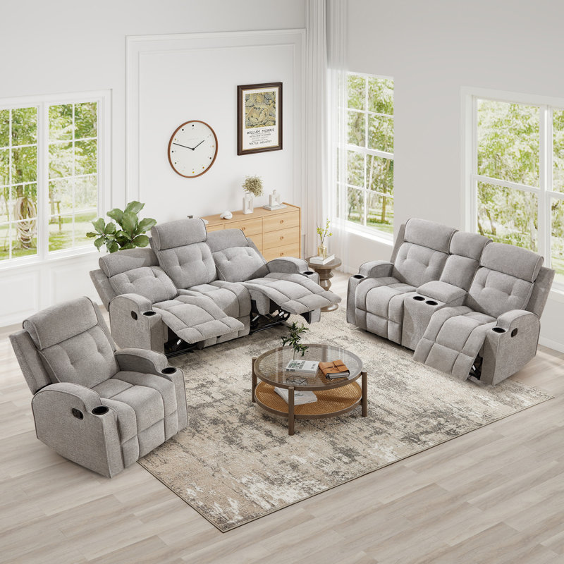 3-Piece Modern Manual Reclining Living Room Set With Overstuffed Recliner Chair, Loveseat With Storage Console And 3-Seat Sofa With Fixed Center