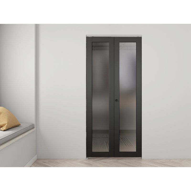 36 in. x 80 in. Full Lite Frosted Glass Black MDF Bi-Fold Door with Hardware Kit and Door Handle, Black, 30" x 80"