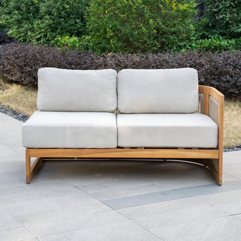 Guzal Acacia Wood Rope Weaving Patio Outdoor Sofa With Cream Cushions, Gauche