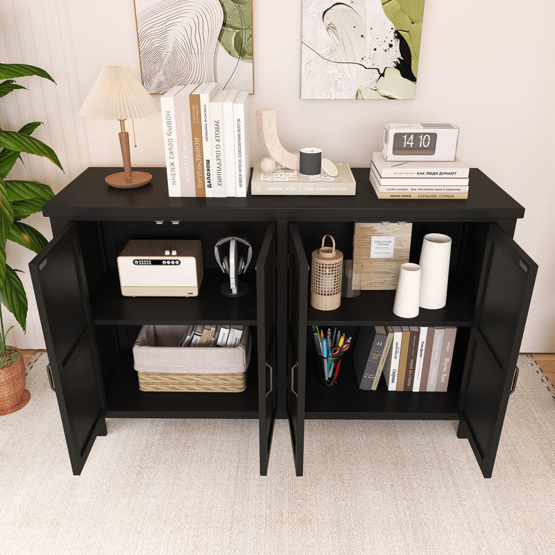 Buffet 51 pouces en bois avec tablettes réglables et poignées rétro, Noir