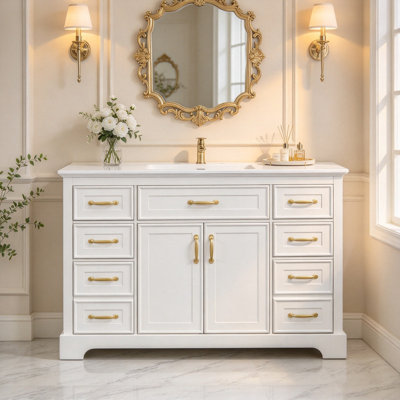 Meuble-lavabo de 47,8 po avec lavabo, armoire de salle de bain avec 6 tiroirs coulissants et 2 portes, charnières à fermeture en douceur, finition peinte lisse, fabrication robuste, blanc