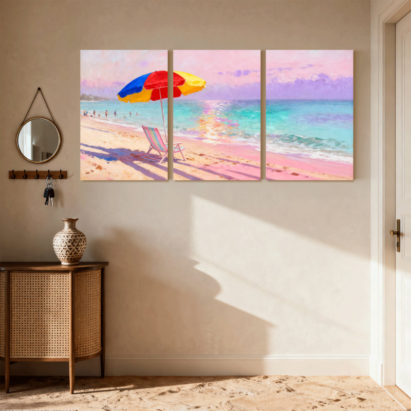 Ensemble de 3 reproductions d'art sur toile, plage et parasol, H 24 po x l 48 po